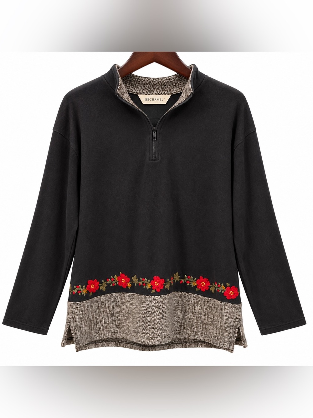 Bechamel Black Zip-Up Sweater with 3D Red Floral Trim Size XL 100% cotton
